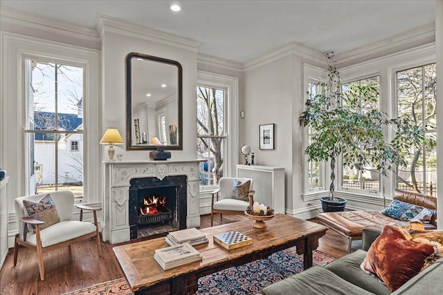 interior space featuring radiator and a fireplace