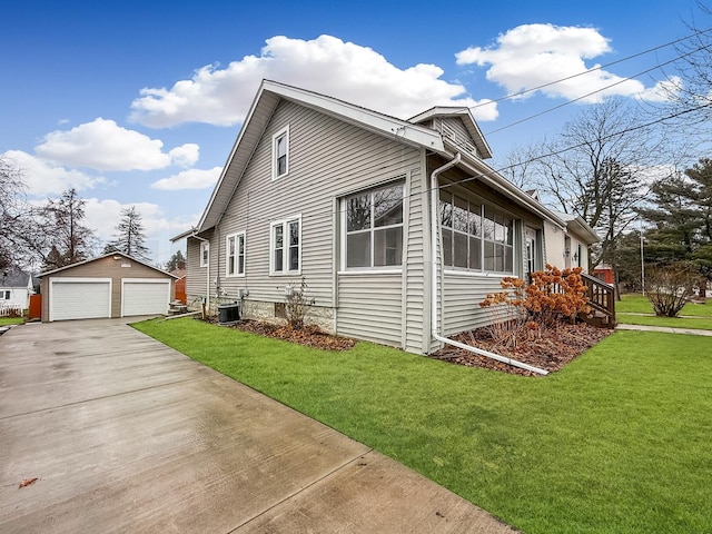 view of home's exterior featuring an outbuilding, central air condition unit, a garage, and a lawn