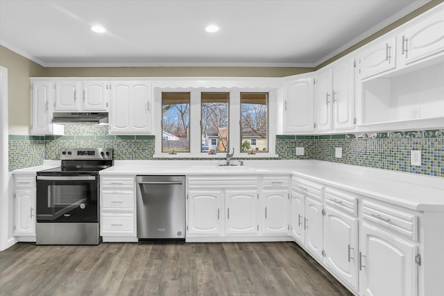 kitchen with decorative backsplash, dark hardwood / wood-style flooring, stainless steel appliances, sink, and white cabinets