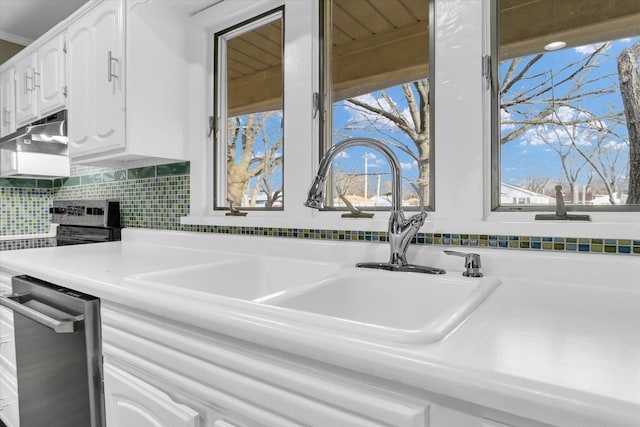 kitchen with backsplash, crown molding, sink, dishwasher, and white cabinets