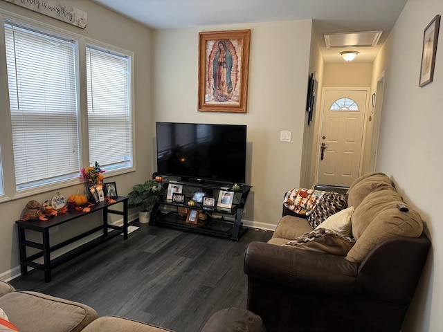 living room with dark hardwood / wood-style floors