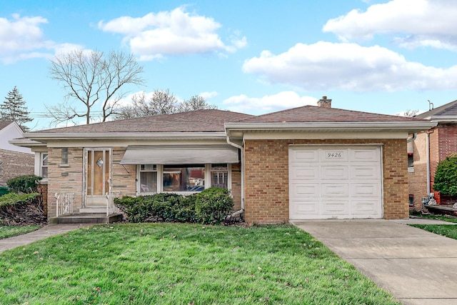 ranch-style home with a front lawn and a garage