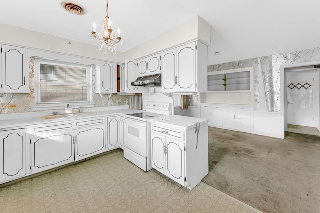 kitchen featuring light carpet, white range with electric stovetop, pendant lighting, sink, and white cabinetry