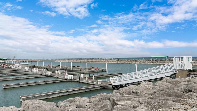 view of dock with a water view