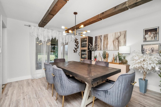 dining space featuring beam ceiling, light hardwood / wood-style flooring, and a chandelier