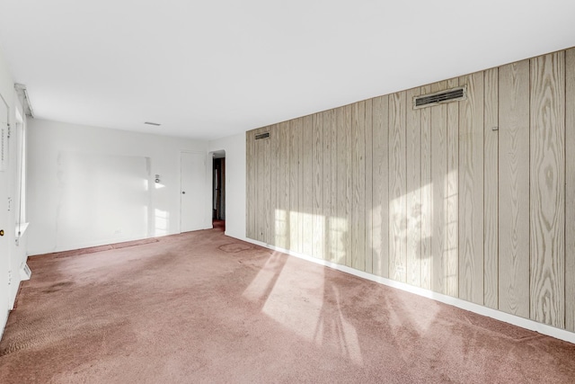 unfurnished room with wooden walls and carpet floors