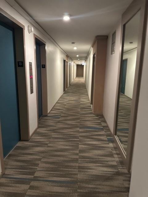 hall featuring elevator and dark carpet