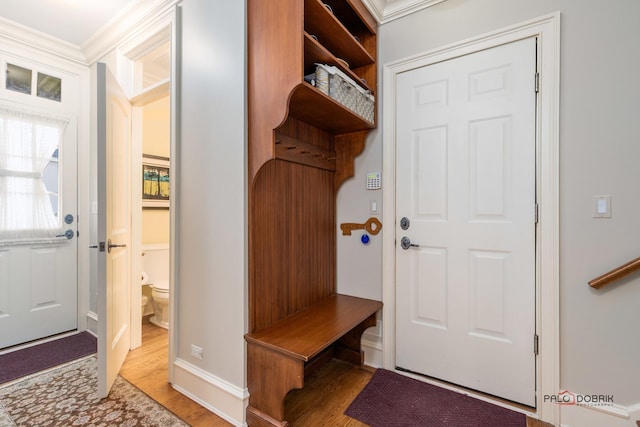 mudroom featuring light hardwood / wood-style floors and crown molding