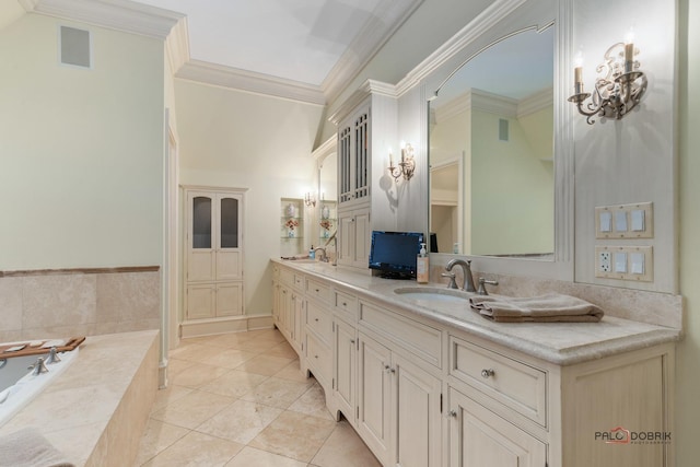 bathroom featuring vanity, tile patterned floors, ornamental molding, and tiled tub