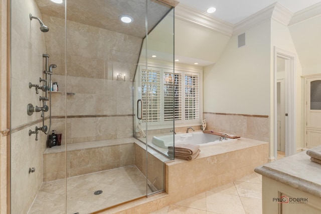 bathroom featuring crown molding, tile patterned flooring, and plus walk in shower