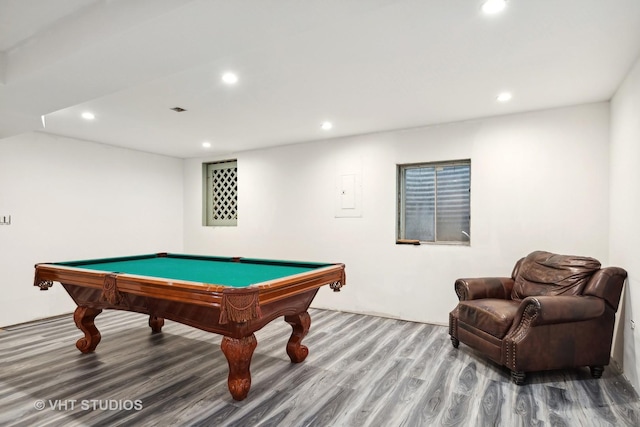 recreation room featuring wood-type flooring and pool table