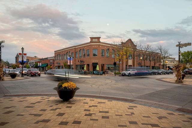 view of outdoor building at dusk