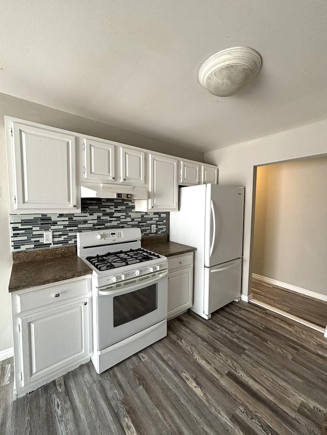 kitchen with white cabinetry, dark wood-type flooring, and white appliances