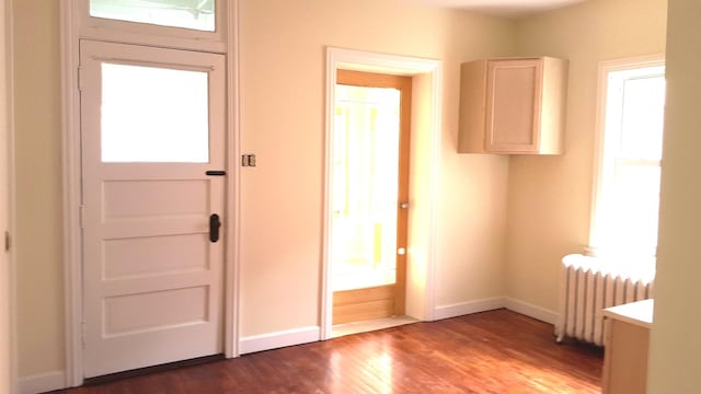 entrance foyer featuring dark hardwood / wood-style flooring and radiator heating unit