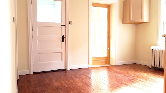 doorway to outside with radiator heating unit and dark wood-type flooring