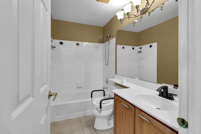 full bathroom featuring shower / tub combination, vanity, toilet, and tile patterned floors