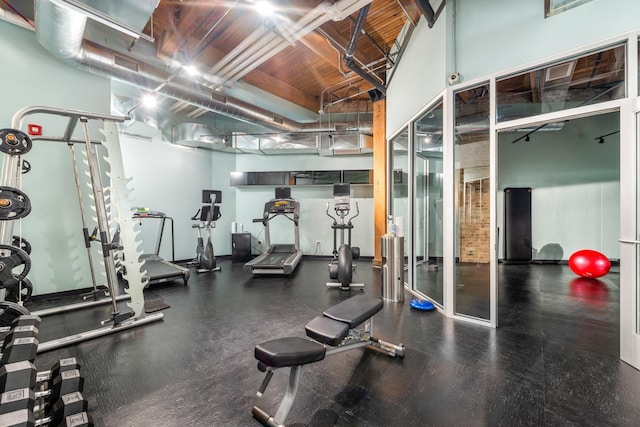 gym featuring a towering ceiling