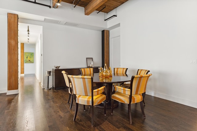 dining room with beam ceiling, dark hardwood / wood-style flooring, and wood ceiling