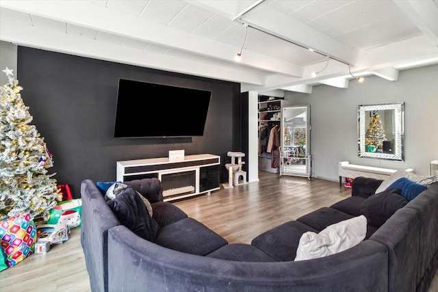 living room featuring beamed ceiling, rail lighting, and hardwood / wood-style flooring