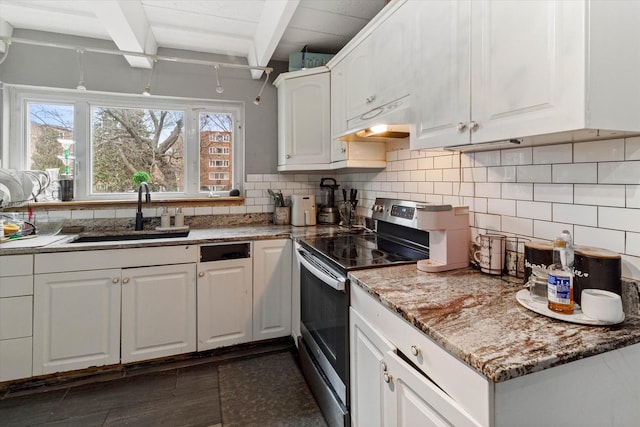 kitchen with sink, stone counters, beamed ceiling, white cabinetry, and stainless steel range with electric cooktop