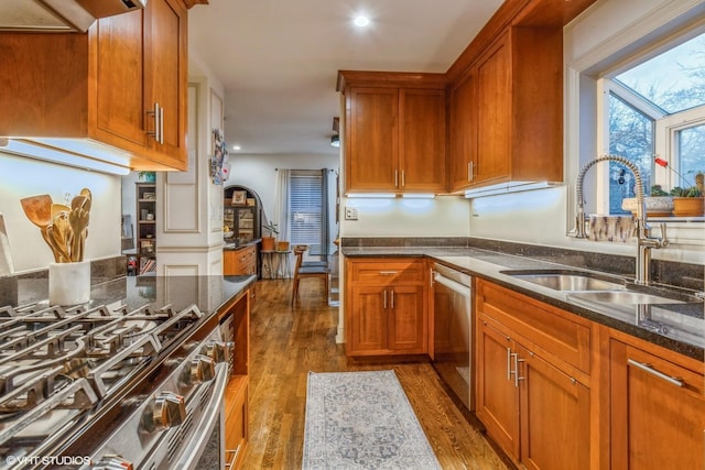 kitchen featuring appliances with stainless steel finishes, dark hardwood / wood-style floors, dark stone countertops, and sink