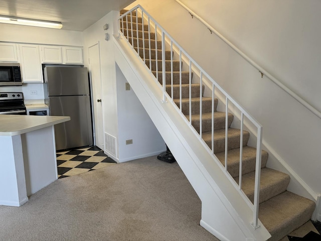 stairway with carpet floors