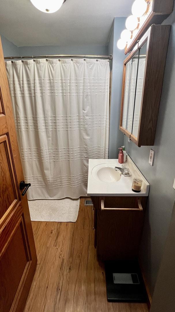 bathroom featuring hardwood / wood-style floors and vanity