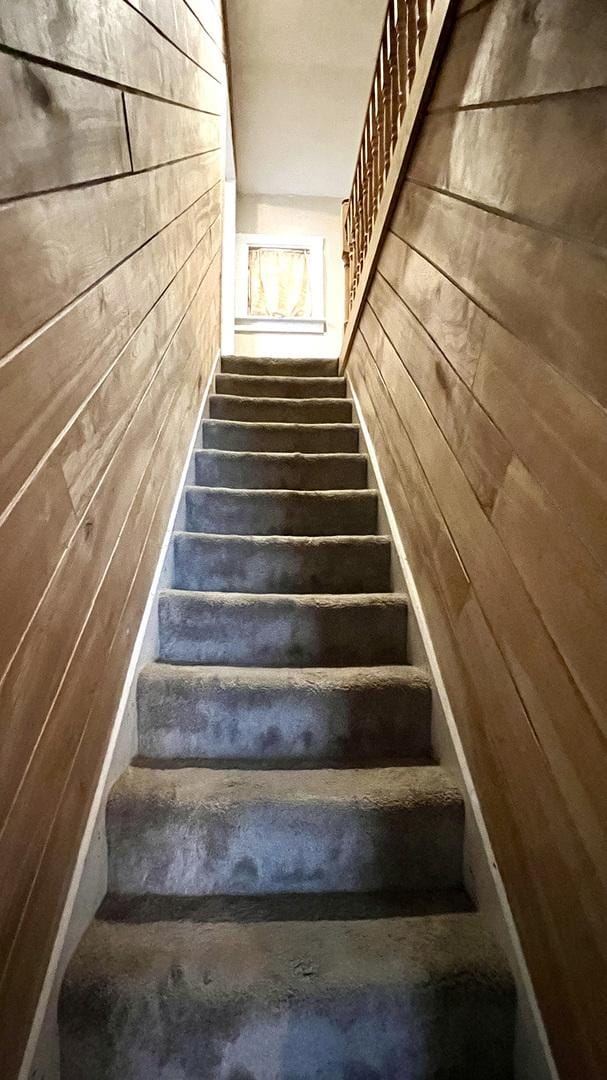 stairs featuring wood walls