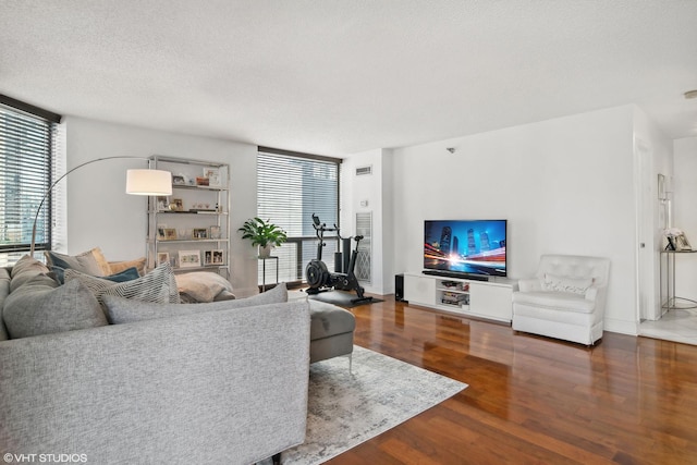 living room with a textured ceiling and dark wood-type flooring