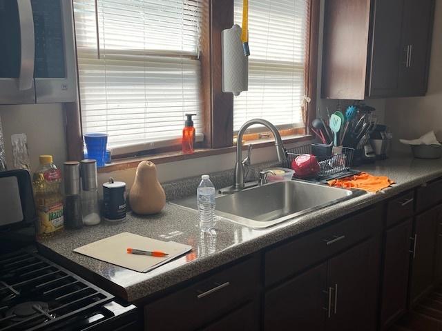 kitchen featuring sink, stove, and dark brown cabinets