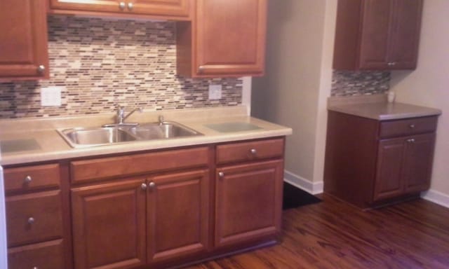 kitchen featuring dark hardwood / wood-style floors, sink, and tasteful backsplash