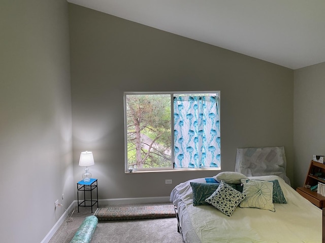 bedroom with lofted ceiling and carpet