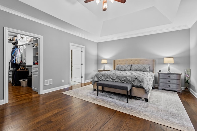 bedroom with ceiling fan, a raised ceiling, a walk in closet, a closet, and dark hardwood / wood-style flooring