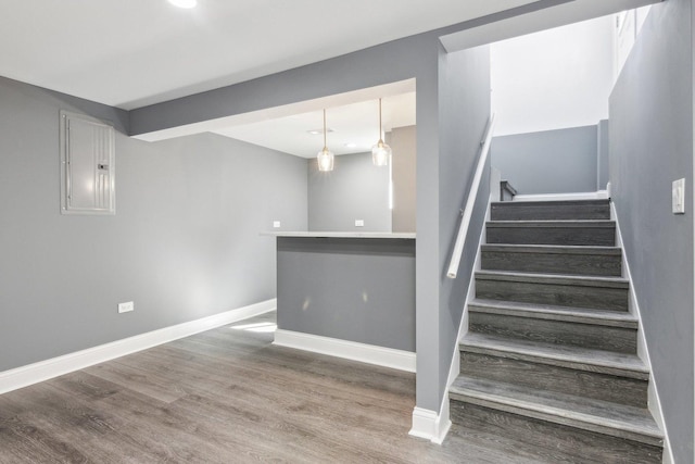 staircase featuring hardwood / wood-style floors and electric panel