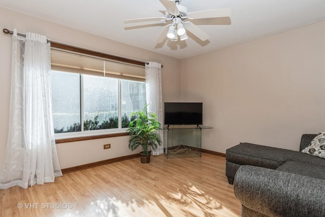 living room with ceiling fan and wood-type flooring