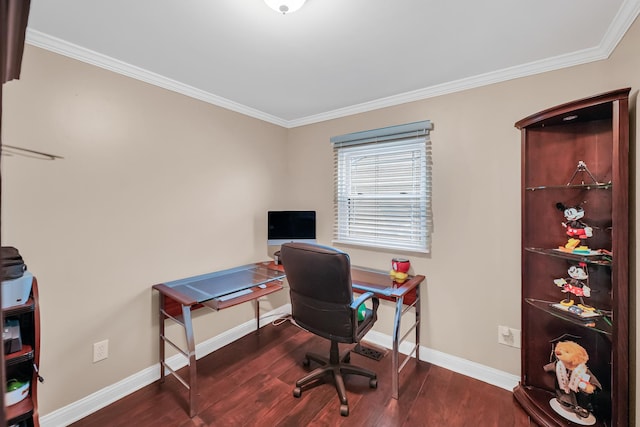 home office featuring crown molding and dark wood-type flooring