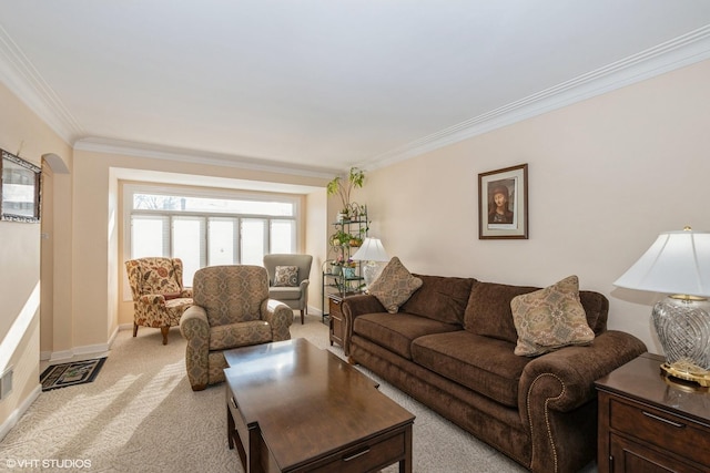 carpeted living room with crown molding