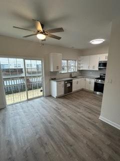 kitchen with dark hardwood / wood-style flooring, white cabinetry, plenty of natural light, and appliances with stainless steel finishes