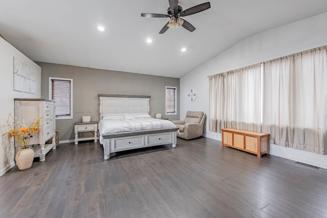 bedroom with ceiling fan, dark hardwood / wood-style flooring, and lofted ceiling