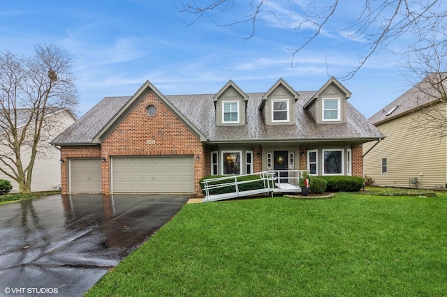 cape cod home with a front lawn, a porch, and a garage