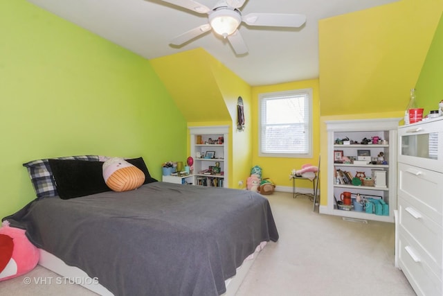 bedroom featuring ceiling fan and light carpet