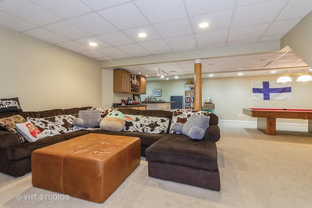 living room with light carpet, a drop ceiling, and pool table