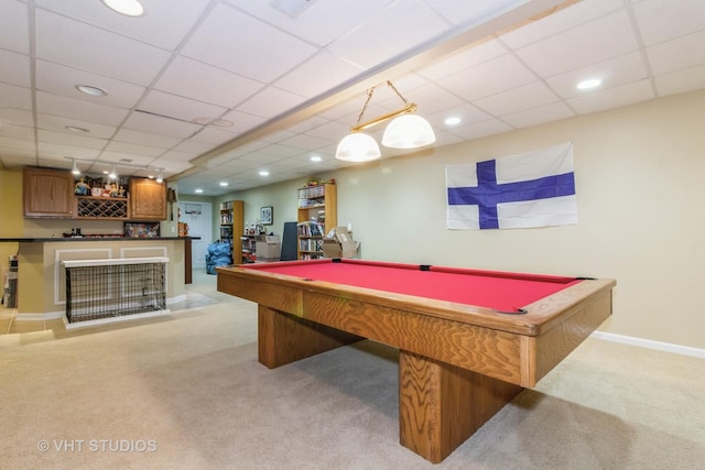 rec room with a paneled ceiling, light carpet, and billiards