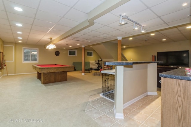 recreation room featuring light carpet and billiards