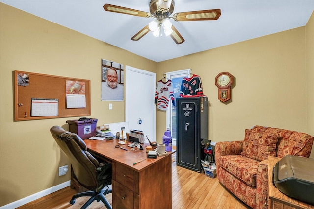 office area featuring ceiling fan and light hardwood / wood-style flooring