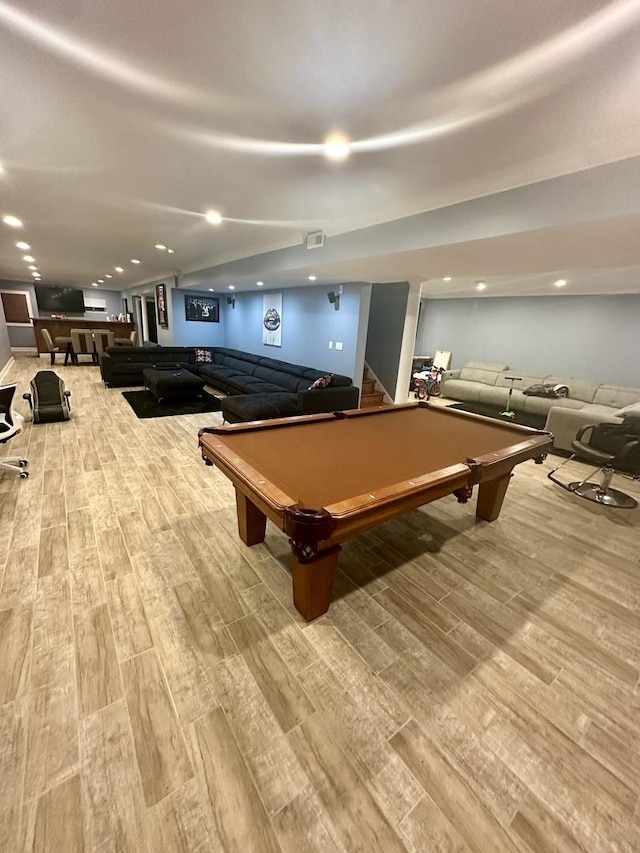 playroom featuring hardwood / wood-style flooring and billiards