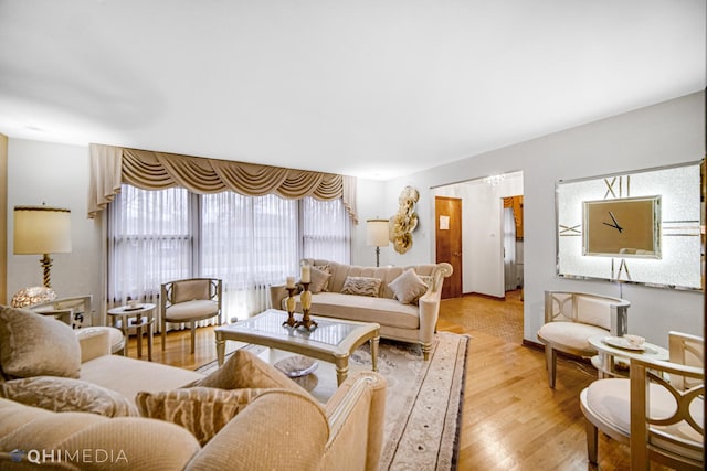 living room featuring a wealth of natural light and light hardwood / wood-style flooring