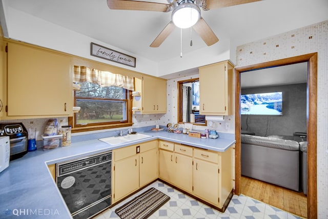 kitchen featuring ceiling fan, sink, and black dishwasher