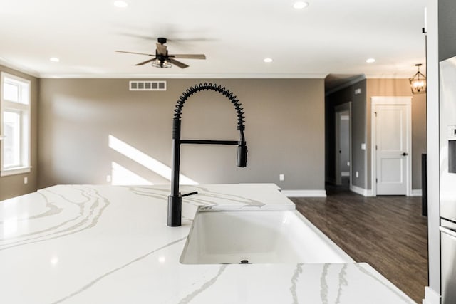 details featuring light stone countertops, ceiling fan, dark wood-type flooring, and sink