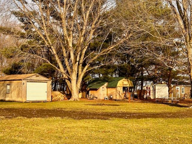 view of yard with a garage and an outbuilding